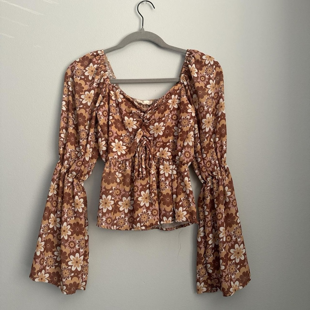 Altar'd State Brown and Cream Bell Sleeve Blouse